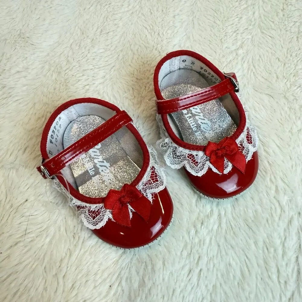 Vintage Carter's Red Baby Shoes Mary Janes Lace Bow Infant Newborn Girl 0